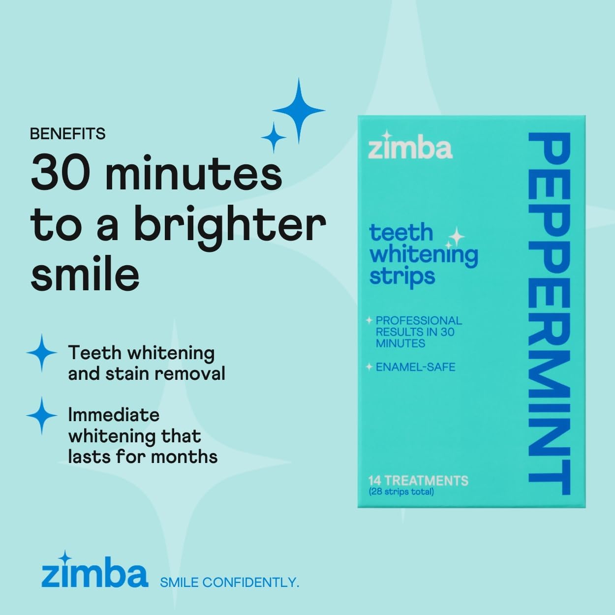 Zimba Mint & Peppermint Teeth Whitening Strips for Teeth Sensitive, White Strips for Teeth Whitening, Teeth Whitener Stain Remover 28 White Strips Included Per Pack, 2 Pack (14 Day Treatment)