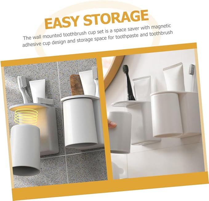 FAVOMOTO Wall-Mounted Magnetic Toothbrush Holder with Self-draining Cup Easy Installation No Drilling Toothpaste Holder for Bathroom Space-Saving Organizer with Electric Toothbrush Slots