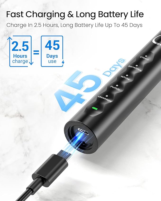 Rtauys S5 Sweeping Electric Toothbrush - Rechargeable Electric Toothbrushes with 8 Heads, Power Electric Toothbrush with Holder, 2.5 Hours Charge for 45 Days Battery Life - Black