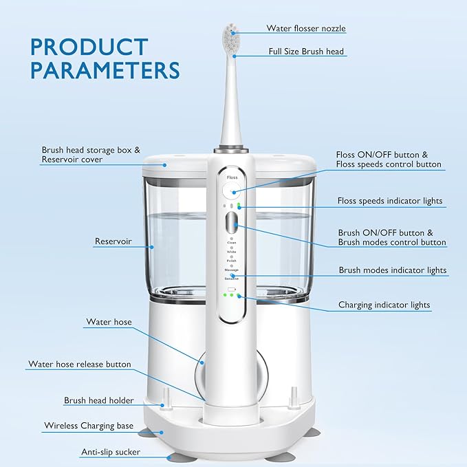 Electric Toothbrush with Water Flosser - Wireless Charging 3 in 1 Flossing Toothbrush - 500ML Professional Cordless Brush and Flosser in One - 5 Brush Modes & 3 Floss Speed (White)