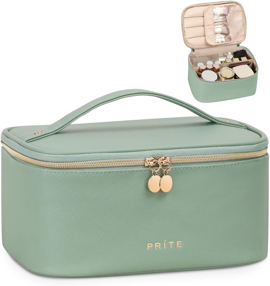 Prite Makeup Bag Portable Cosmetic Organizer with Brush Holder Waterproof Travel Toiletry Bag for Women with Handle and Divider (Green)