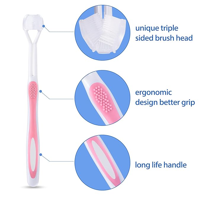 Boao 4 Pieces Toothbrush 3 Sided 7.1 Inch Autism Sensory Toothbrush 360 Degree Cleaning Travel Brush Complete Teeth Gum Care Angle Clean Tooth(Pink, Blue, Orange, Purple)