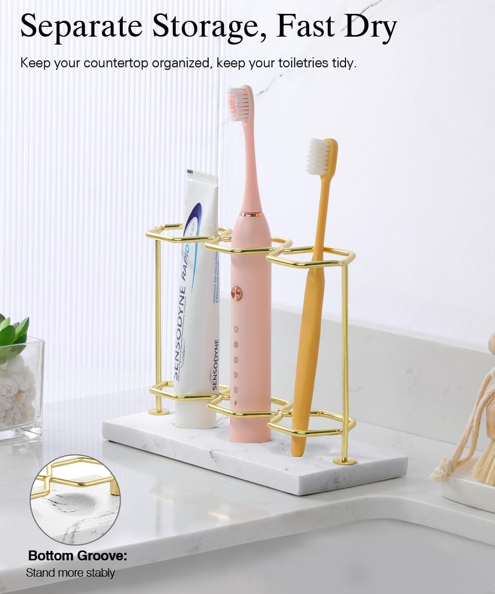 Emibele Toothbrush Holder, Resin Electric Toothbrush Holder with 3 Slots 2 Layers, Non-Slip Bathroom Accessories Organizer Toothbrush Toothpaste Razor Cleanser, Gold Marble White