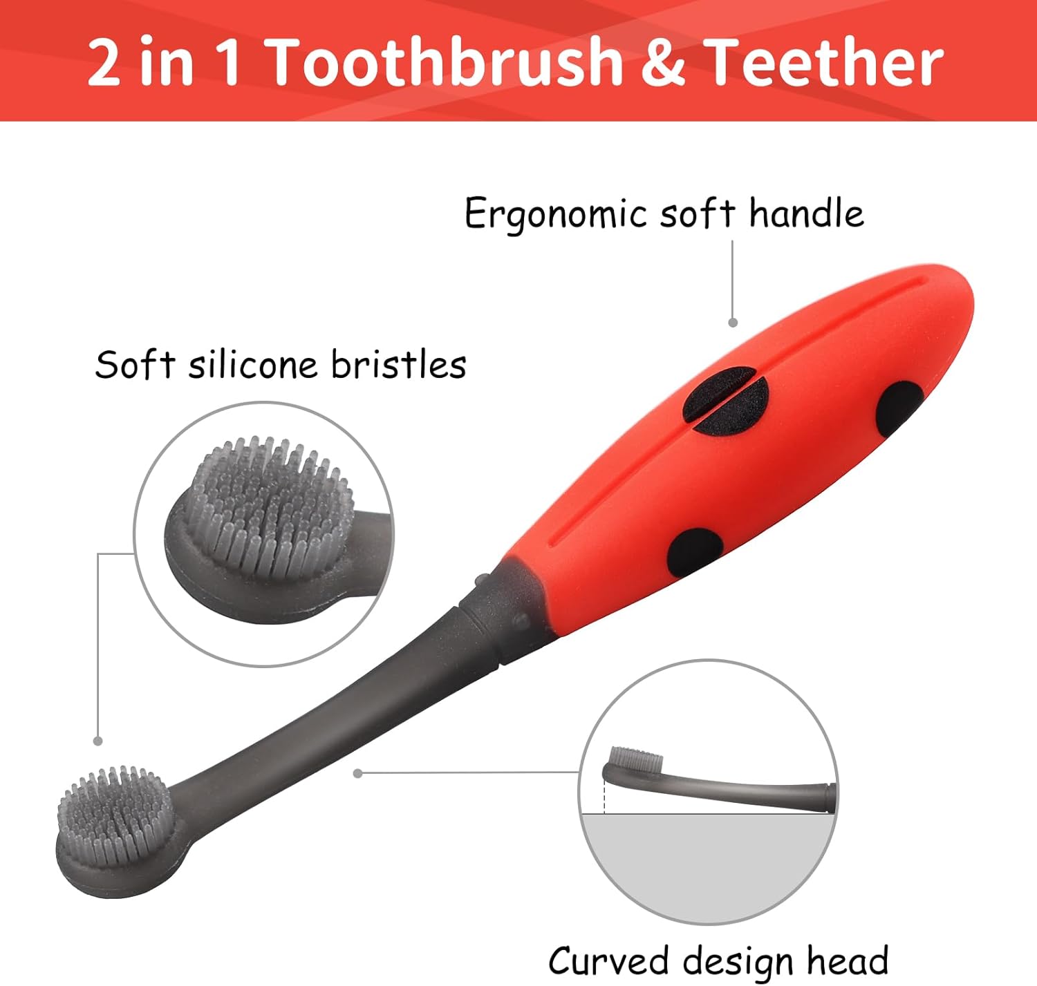 Mombella Ladybug Baby Toothbrush 6 to 12 Months and Up, Extra Soft Silicone Infant to Toddler Training Toothbrush for Baby's First Teeth, Oral Care Teether Over 6m+, Clean and Massage Tender Gums 1pc