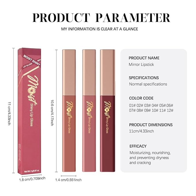 Lip Stain Hydrating High Shine – Lightweight Non-Sticky Glossy Lip Tint, Mirror Shine Moisturizing Lip Makeup for Plump & Full Lips, Long-Lasting Rich Color Lip Glaze, Soft Smooth Lip Gloss 07+09+12