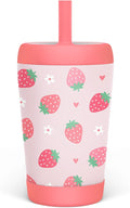 Kid Insulated Stainless Steel Tumbler with Silicone Straw, 12oz Sippy Cup for Kids (Strawberry)