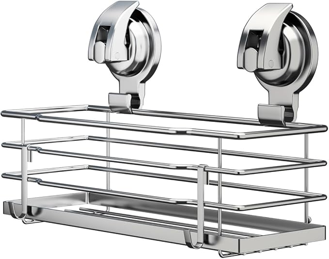 Shower Caddy, Suction Cup Shower Shelf with Hooks, Shower Organizer Rust Proof SUS304 Stainless Steel, Silver