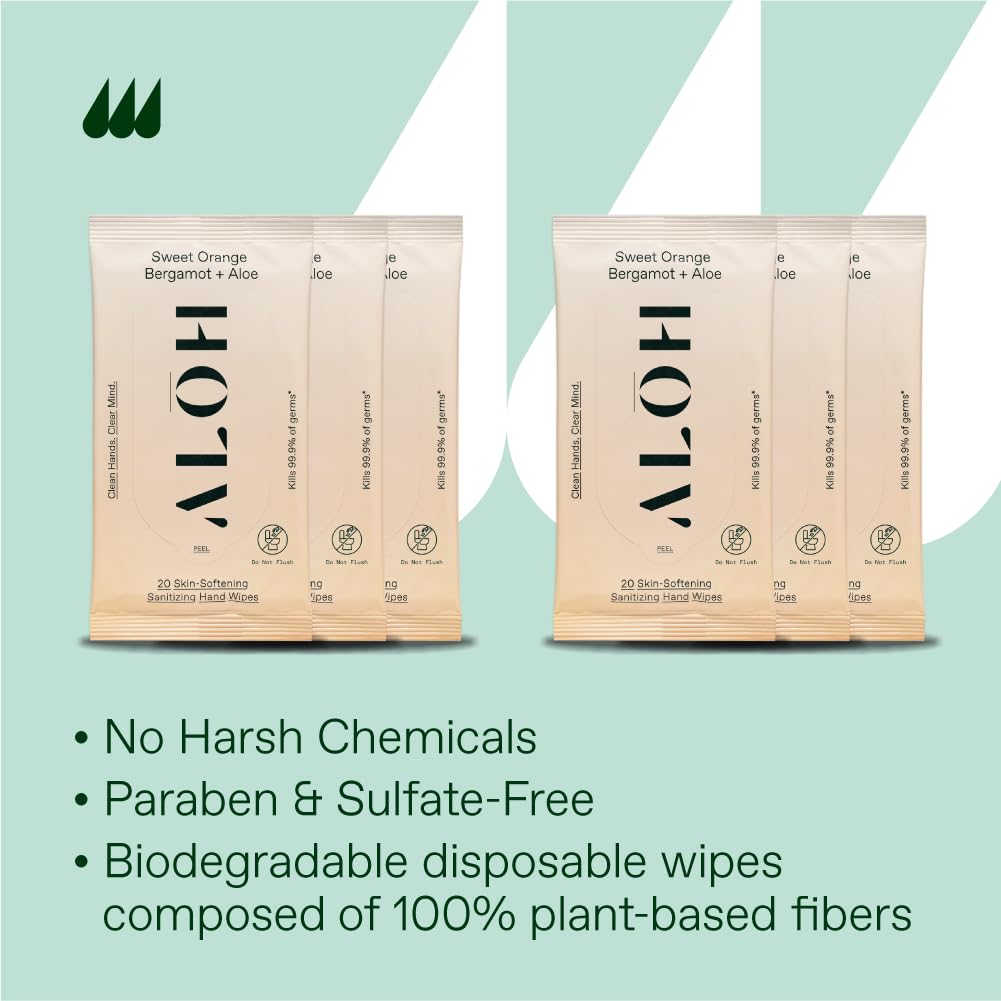 ALO ALŌH Sweet Orange Bergamot + Aloe Sanitizing Hand Wipes - Clean Hands, Clear Mind - On The Go Hand Sanitizer Wipes for Kids and Adults - (6 Pack, 20ct Wipes)