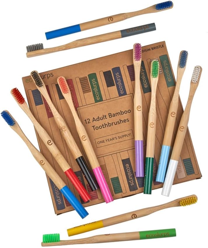 EcoSlurps Bamboo Toothbrushes (12 Adult Medium, Multi-Colored)