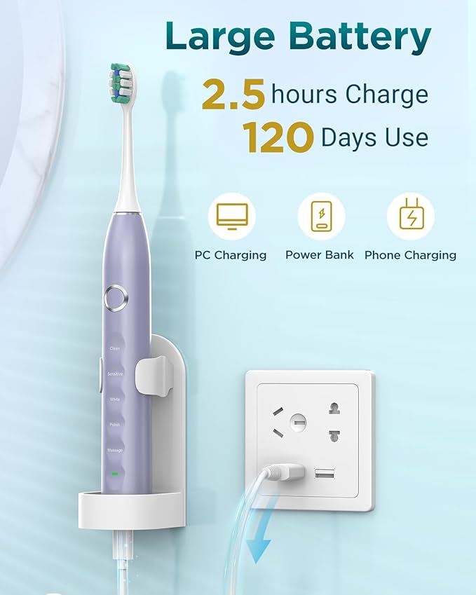 Rtauys S5 Sonic Electric Toothbrush for Adults with 8 Brush Heads, IPX7 Electric Toothbrush with Travel Case, 2.5 Hours Charge for 120 Days, 5 Modes with 2 Minutes Built in Smart Timer Light Purple