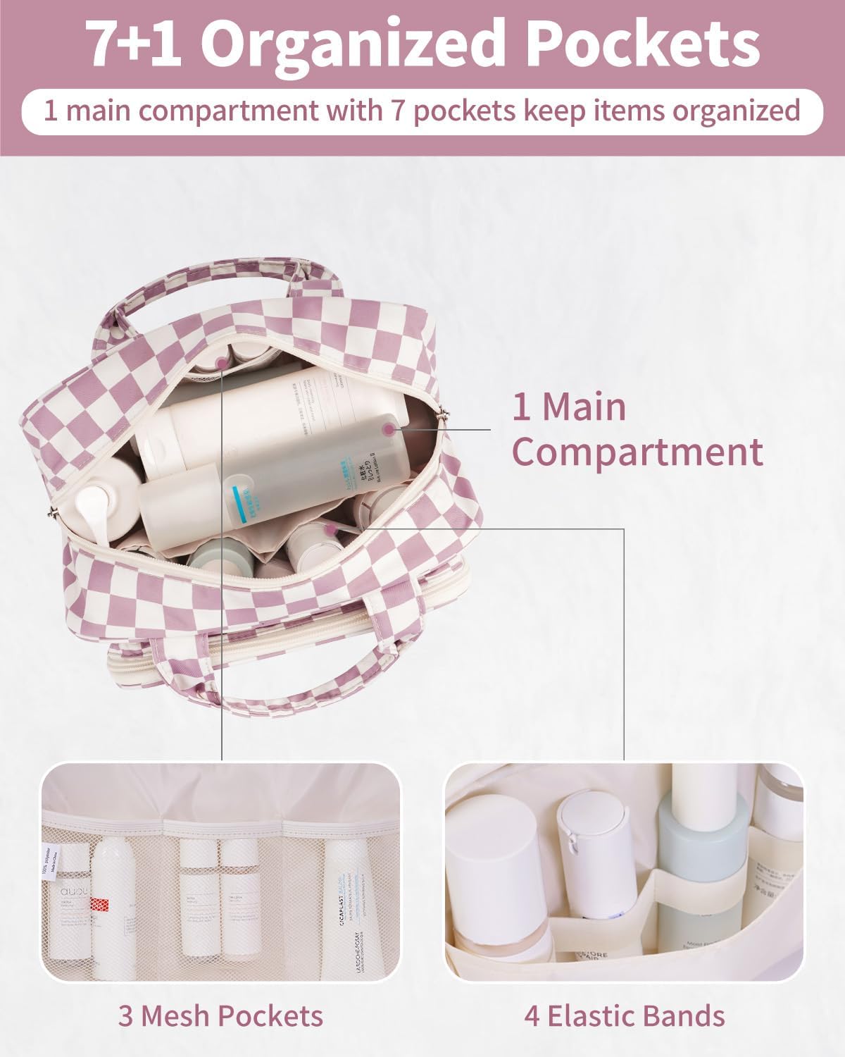 Narwey Large Travel Toiletry Bag for Traveling Women, Cosmetic Makeup Bag Make Up Organizer, Checkered Travel Bag for Toiletries with Handle (Dusty Rose Checkerboard)