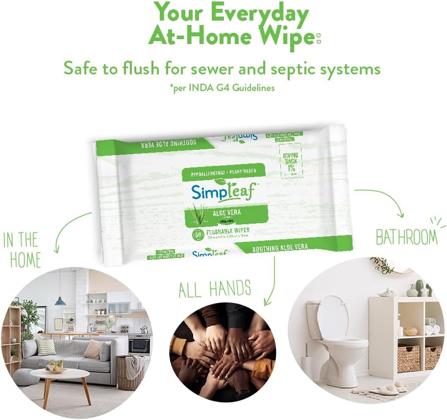 Simpleaf Flushable Wet Wipes Aloe Vera | Plastic Free, Paraben & Alcohol Free | Hypoallergenic & Safe for Sensitive Skin | Soothing Aloe Formula | Adult Toilet Wipes (3 x 50 Counts Pack) 150 Counts
