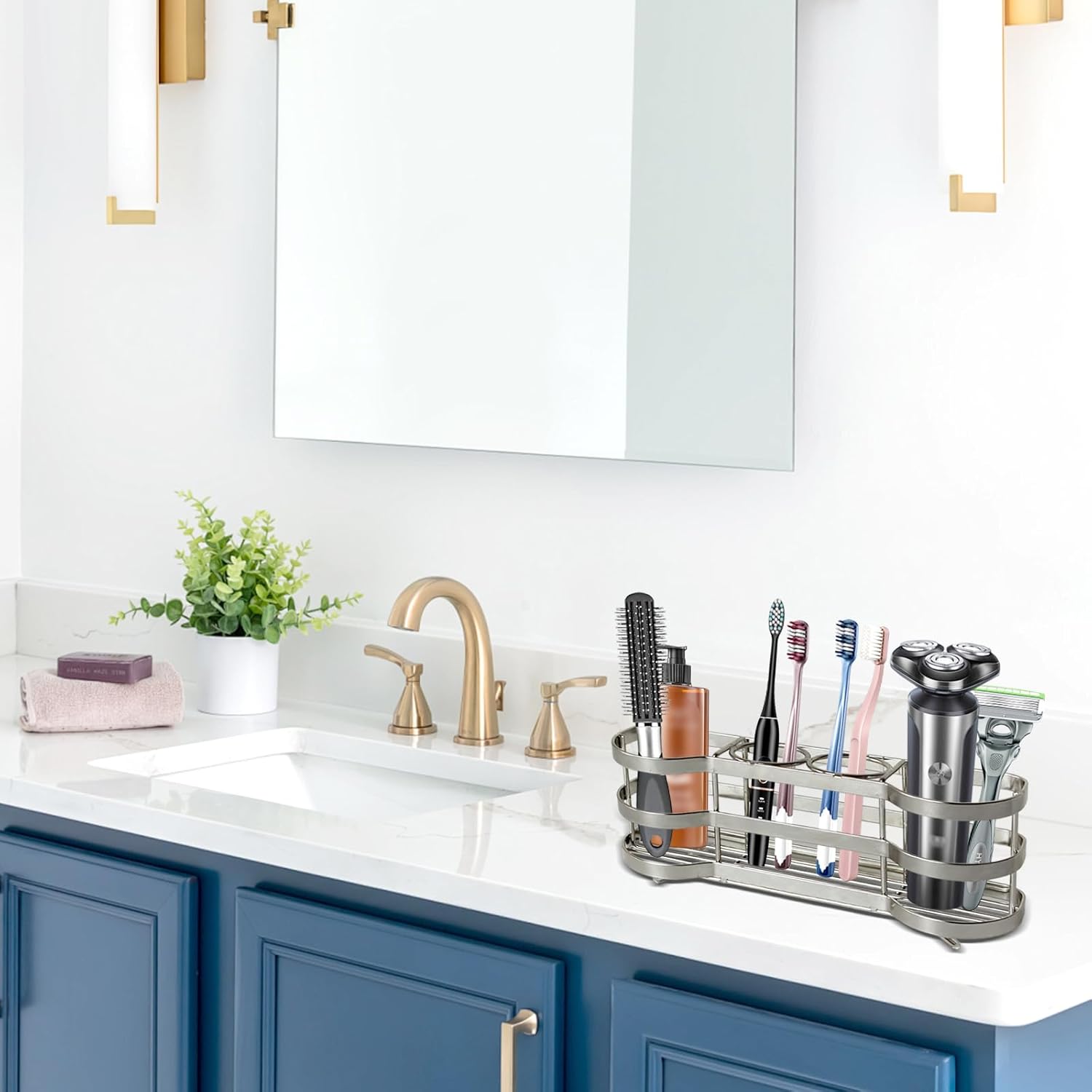 Wall Mount Toothbrush Holder for Shower Stainless Steel Toothbrush Stand, Self-Adhesive Wallmount/Countertop 4 Slots Bathroom Accessories Organizer (Silver 1)