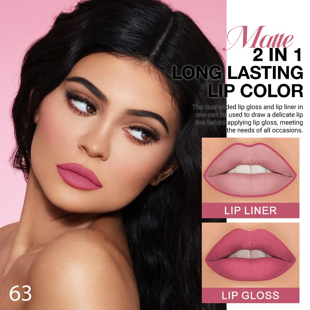1Pcs 2 in 1 Hot Mauve Matte Lip Liner and Liquid Lipstick Stain Makeup Set for women, Hot Mauve Long Lasting Smudge Proof Lip Tint Matte Finish Lip Gloss for All-Day Color Hold Easy to Use 63#