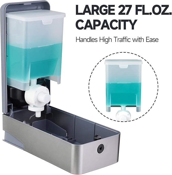 27oz (800 ml) Manual Wall Mounted Soap Dispenser, Ideal for Commercial Bathrooms Restaurants Hotels, Use with Liquid Hand Soap Shampoo, ABS Silver