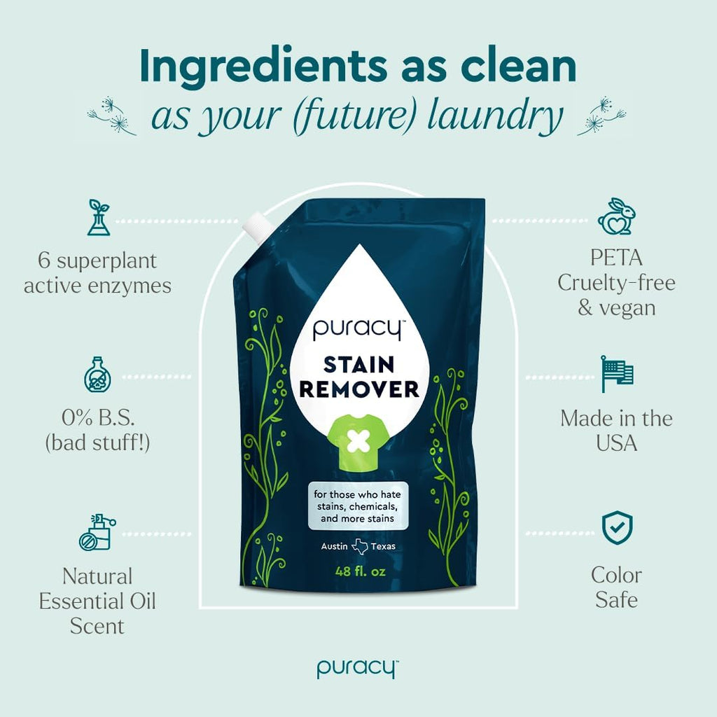 Puracy Stain Remover, Natural Based Travel and Laundry Stain Cleaner for Clothes, Baby Essentials, Kids Stains, Oil and Fabric Spot Cleaner, Unscented (Stain Remover Spray, 48 fl oz)