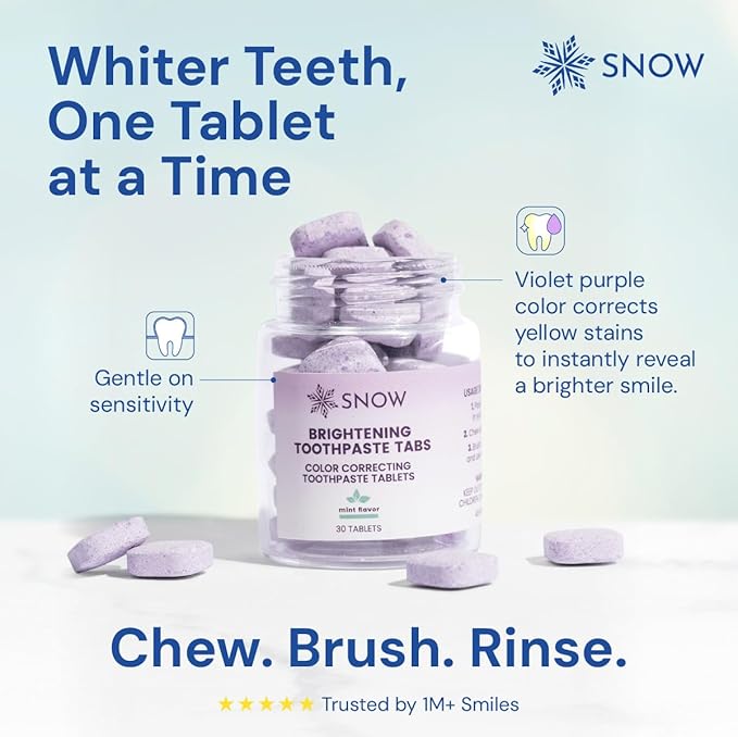 SNOW Purple Whitening Toothpaste Tablets - 30 Count, Purple Toothpaste for Whitening, Color Correcting Tablets for Oral Care, Instantly Brightens Teeth, Removes Yellow Stains & Freshens Breath