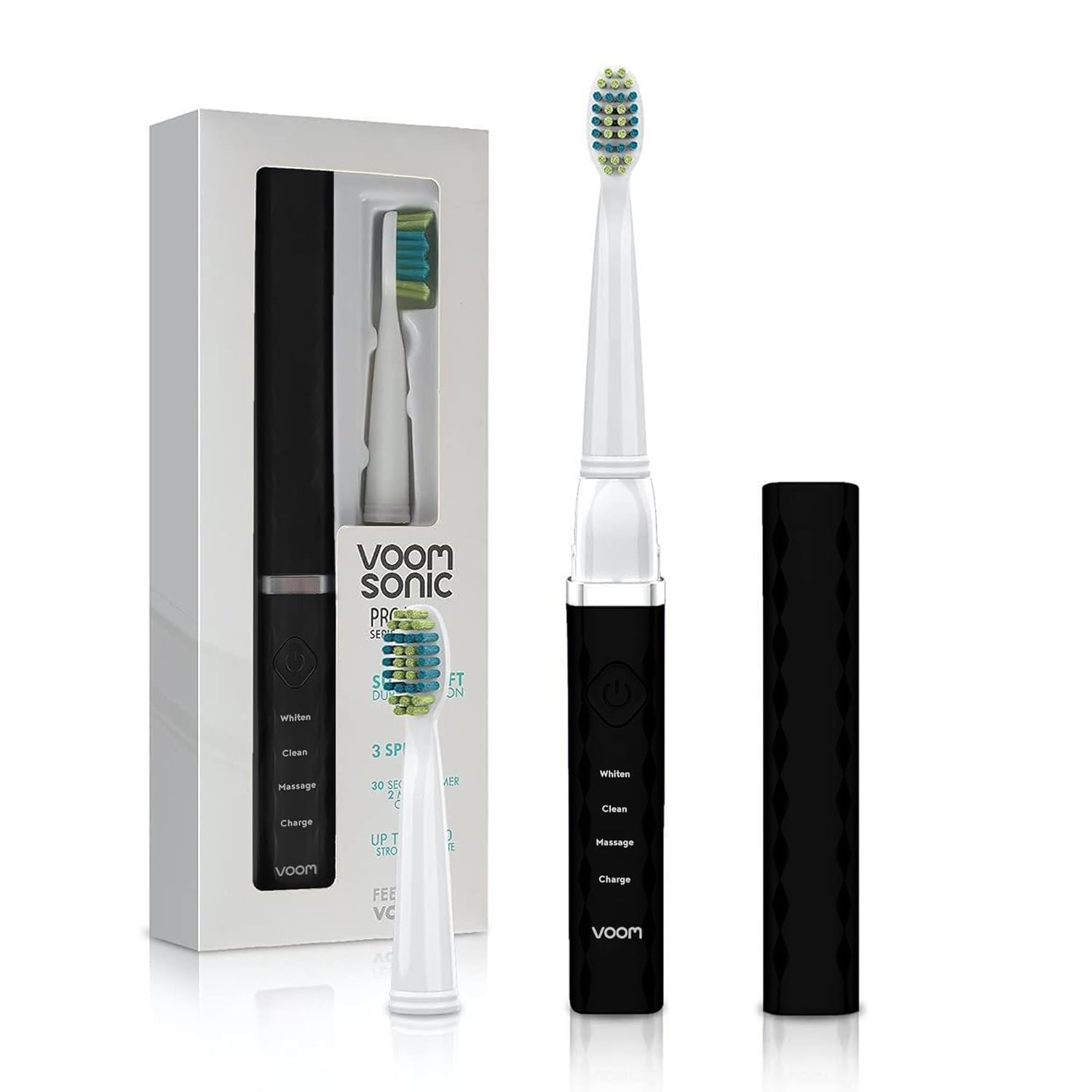 Voom Sonic Pro 3 Rechargeable Electric Toothbrush With Soft Dupont Nylon Bristles Dentist Recommended Portable Oral Care 2-Minute Timer 3 Adjustable Speeds Light Weight Design - Black