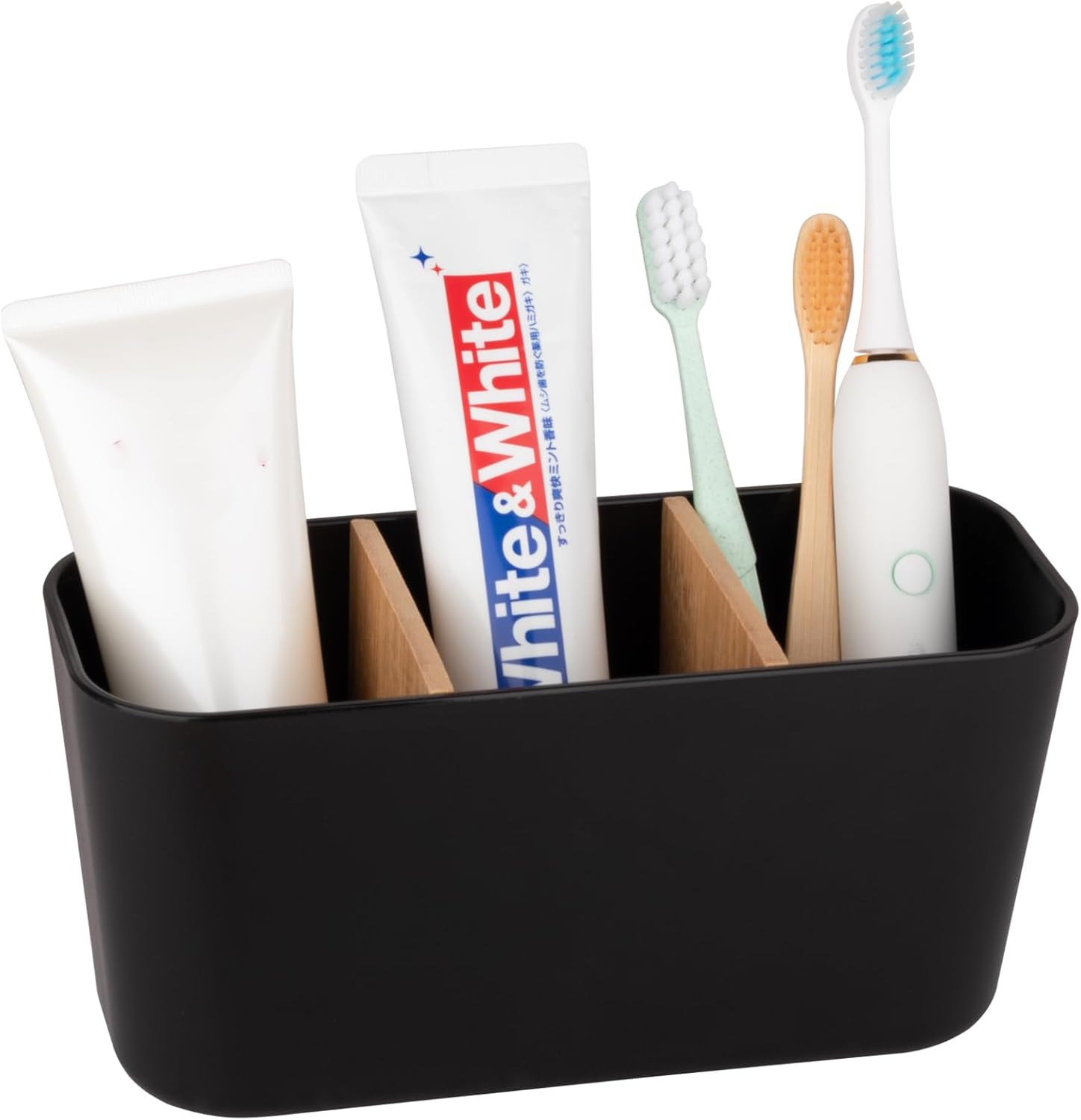 Toothbrush Holders for Bathrooms, Bamboo Tooth Brush Holder with 3 Slots Bathroom Vanity Organizer Countertop for Electric Toothbrushes, Toothpaste, Razors - Black