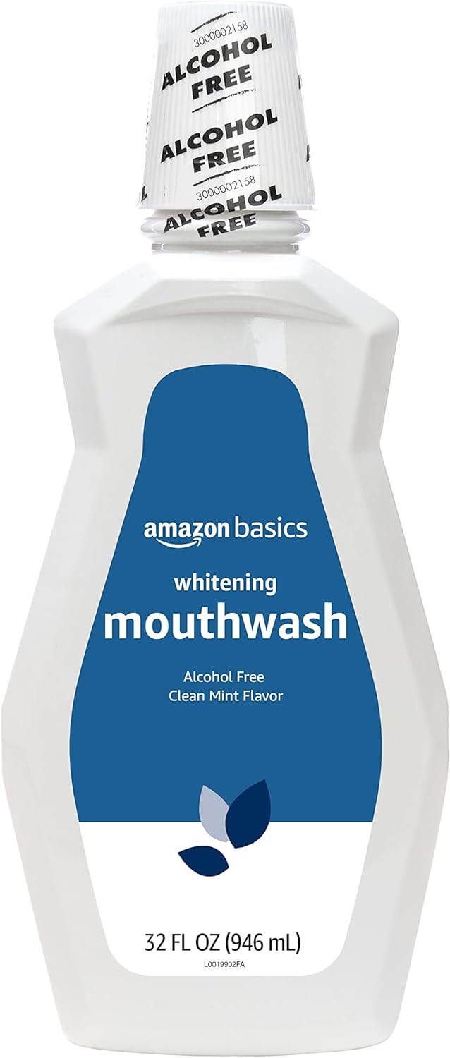 Amazon Basics Teeth Whitening Mouthwash, Alcohol-Free, Clean Mint, 32 Fluid Ounces, 4-Pack, Previously Solimo