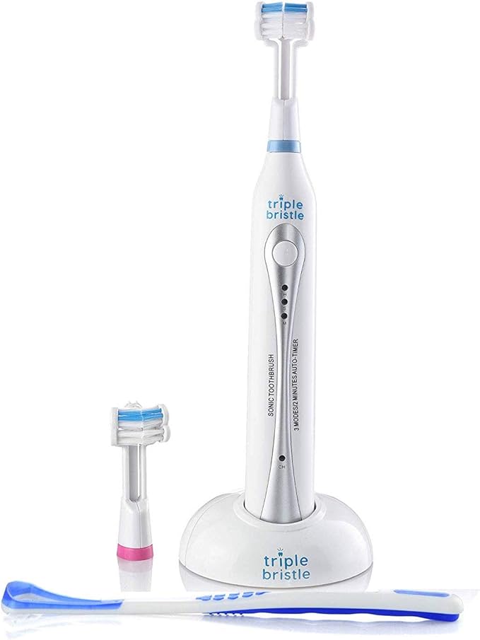 Triple Bristle Original Sonic Toothbrush | Rechargeable 31,000 VPM Tooth Brush | Patented 3 Head Design | Angled Bristles Clean Each Tooth Teeth Whitening Strips (1)
