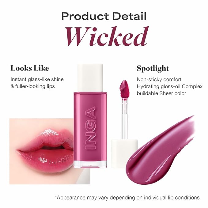 INGA Water Glow Lip Tint | Hydrating, Glossy Korean Lip Tint with Sheer Color & Glass-Like Shine | Long-Lasting, Non-Sticky Korean Lip Stain (WICKED)
