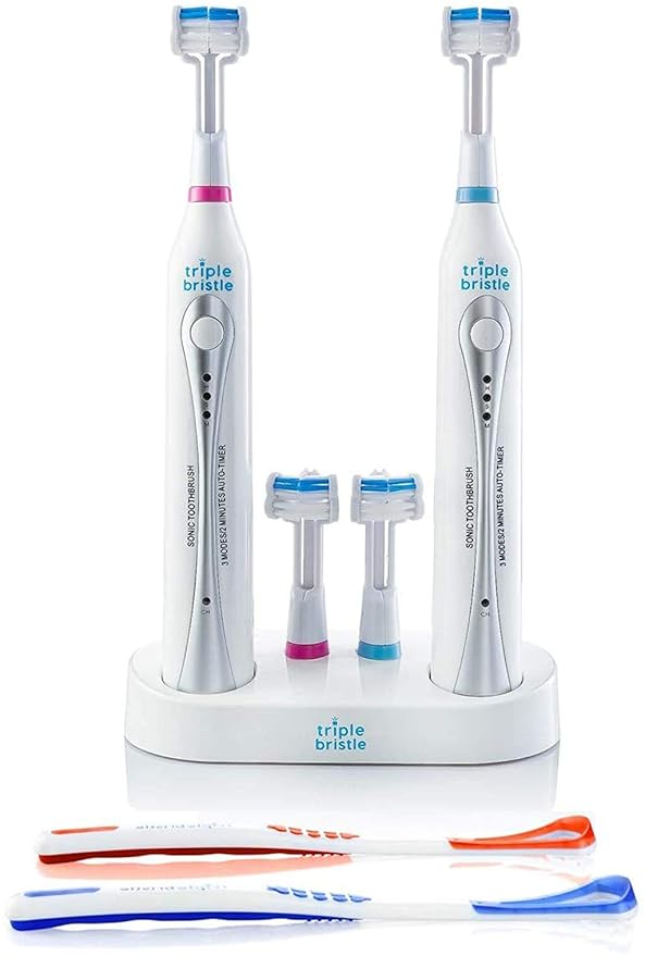 Triple Bristle Duo | 2 Sonic Toothbrushes with Dual Charging Station | Patented 3 Head Design | for Adults, Families & Couples Duo Teeth Whitening Strips