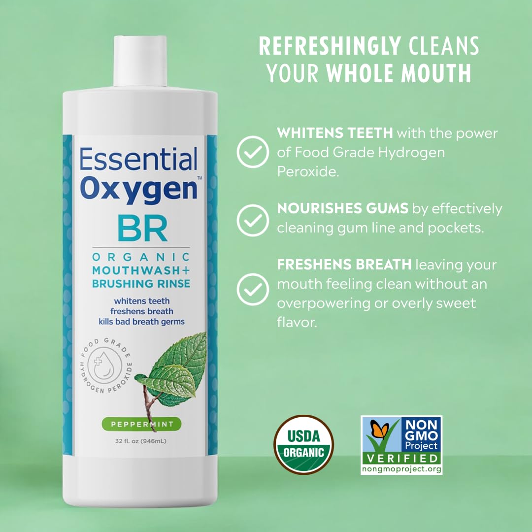 Essential Oxygen Certified BR Organic Brushing Rinse, All Natural Mouthwash for Whiter Teeth, Fresher Breath, and Happier Gums, Alcohol-Free Oral Care, Peppermint, 32 Ounce