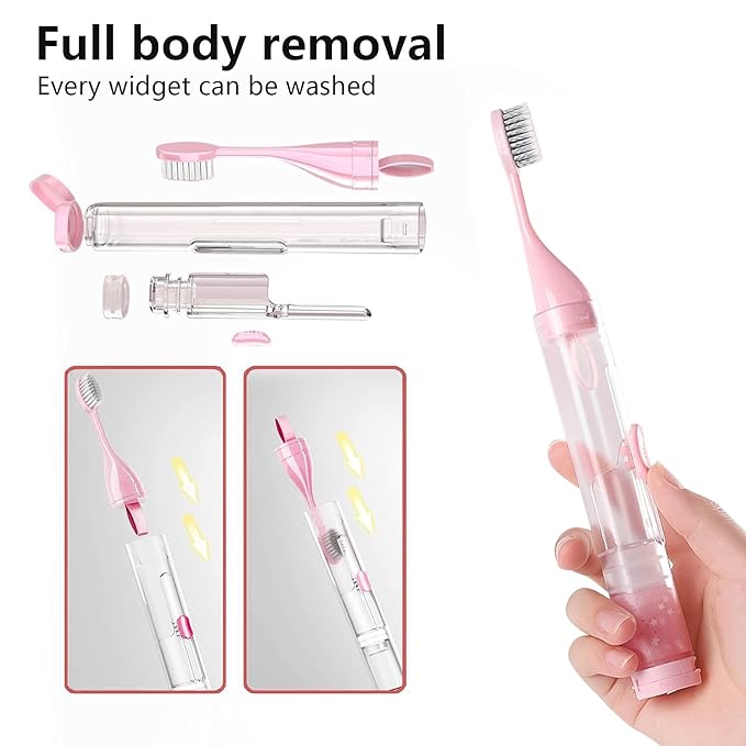 2Pcs Travel Toothbrushes Kit Fold Travel Size Toothbrushes Built-in Toothpaste Container, Including 2 Cleaner Head Soft Bristles for Camping, School, Business Trip (Blue, Pink)