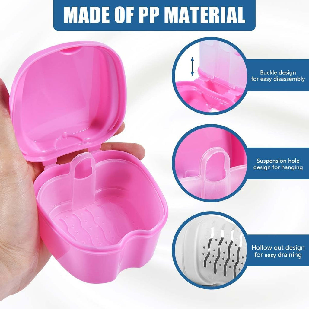 Pink Denture Bath Case Cup Box Holder Storage Soak Container with Strainer Basket for Travel Cleaning