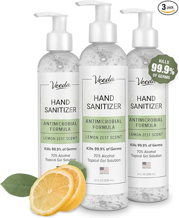 Veeda Scented Hand Sanitizer with Lemon Zest Scent - Moisturizing Clear Gel with Vitamin E & Antimicrobial Formula- Contains 70% Ethyl Alcohol - Hand Sanitizer Travel Size, Made in USA (3 x 8 fl. oz)