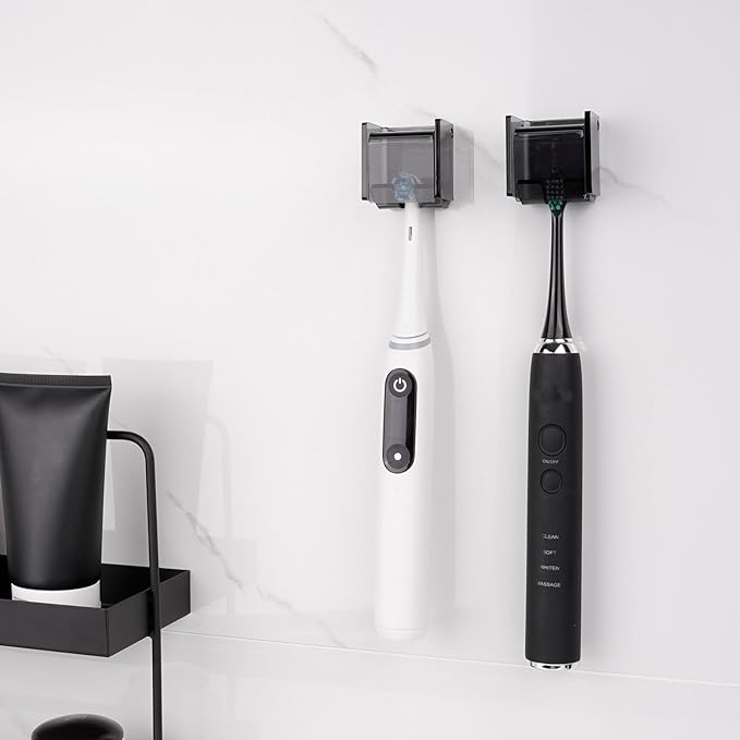 2 PCS Toothbrush Holder Wall Mounted with Cover for Bathroom, Self Adhesive Toothbrush Storage Organizer for Shower, Mini Toothbrush Hanger Rack for Dorm, Cabinet