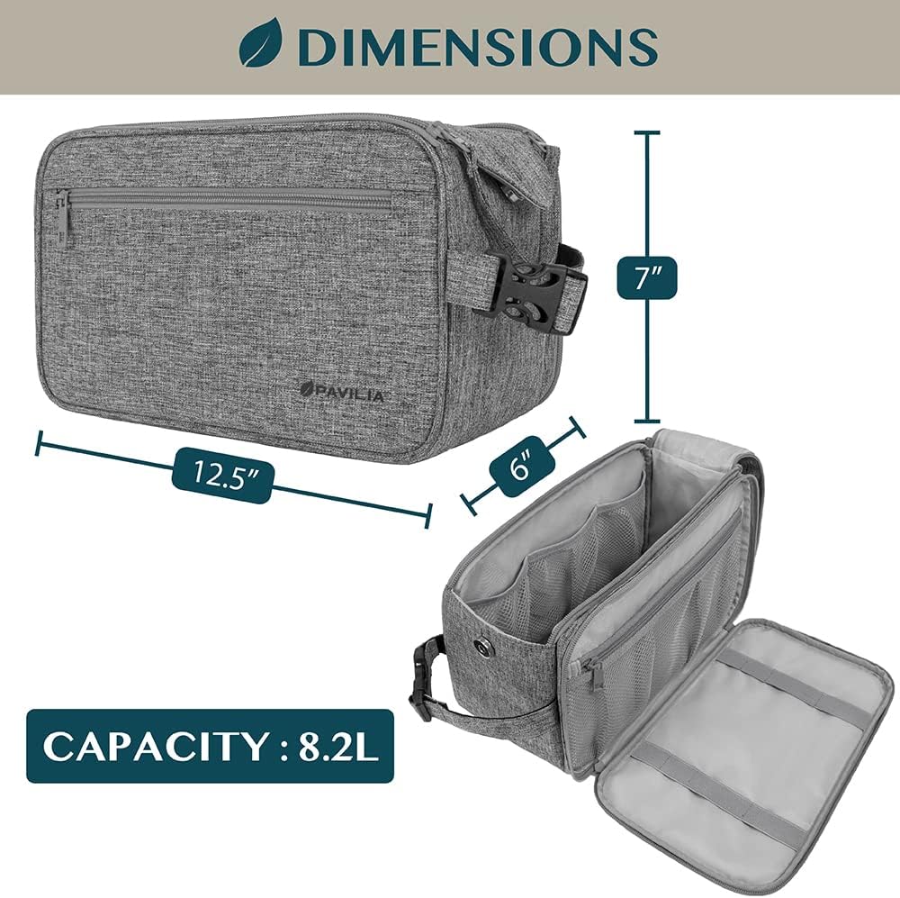 PAVILIA Toiletry Bag for Men, Travel Essentials Shaving Dopp Kit, Mens Travel Bag Toiletries Organizer Case for Grooming, PU Leather Water Resistant Cosmetic Bag Pouch (XL, Heather Grey)