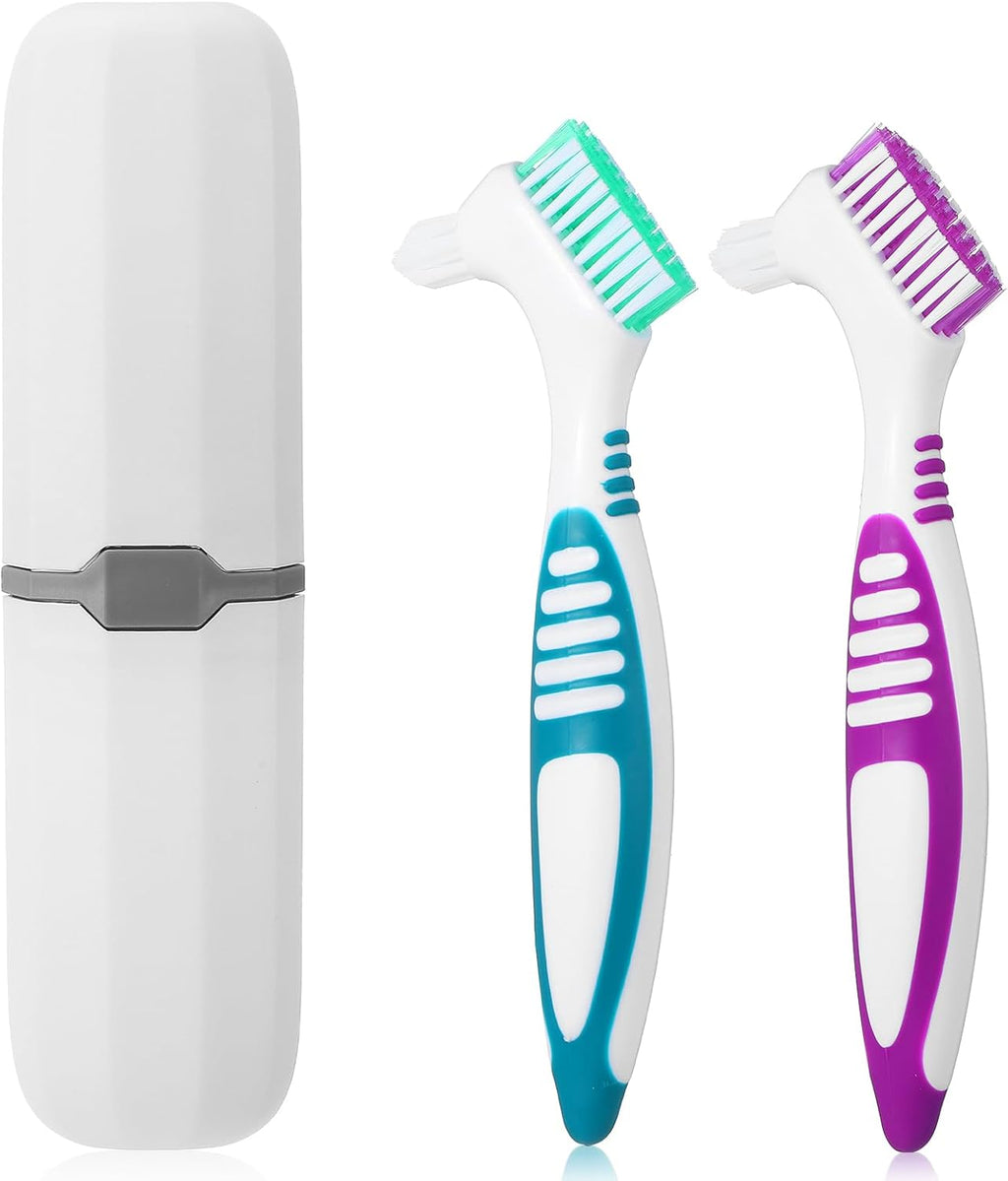 2pcs Denture Brush, Denture Cleaning Brush Set with White Carrying Case Denture Toothbrushes with Multi-Layered Soft Bristles and Rubber Anti-Slip Handle (Purple + Green)