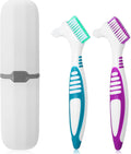 2pcs Denture Brush, Denture Cleaning Brush Set with White Carrying Case Denture Toothbrushes with Multi-Layered Soft Bristles and Rubber Anti-Slip Handle (Purple + Green)