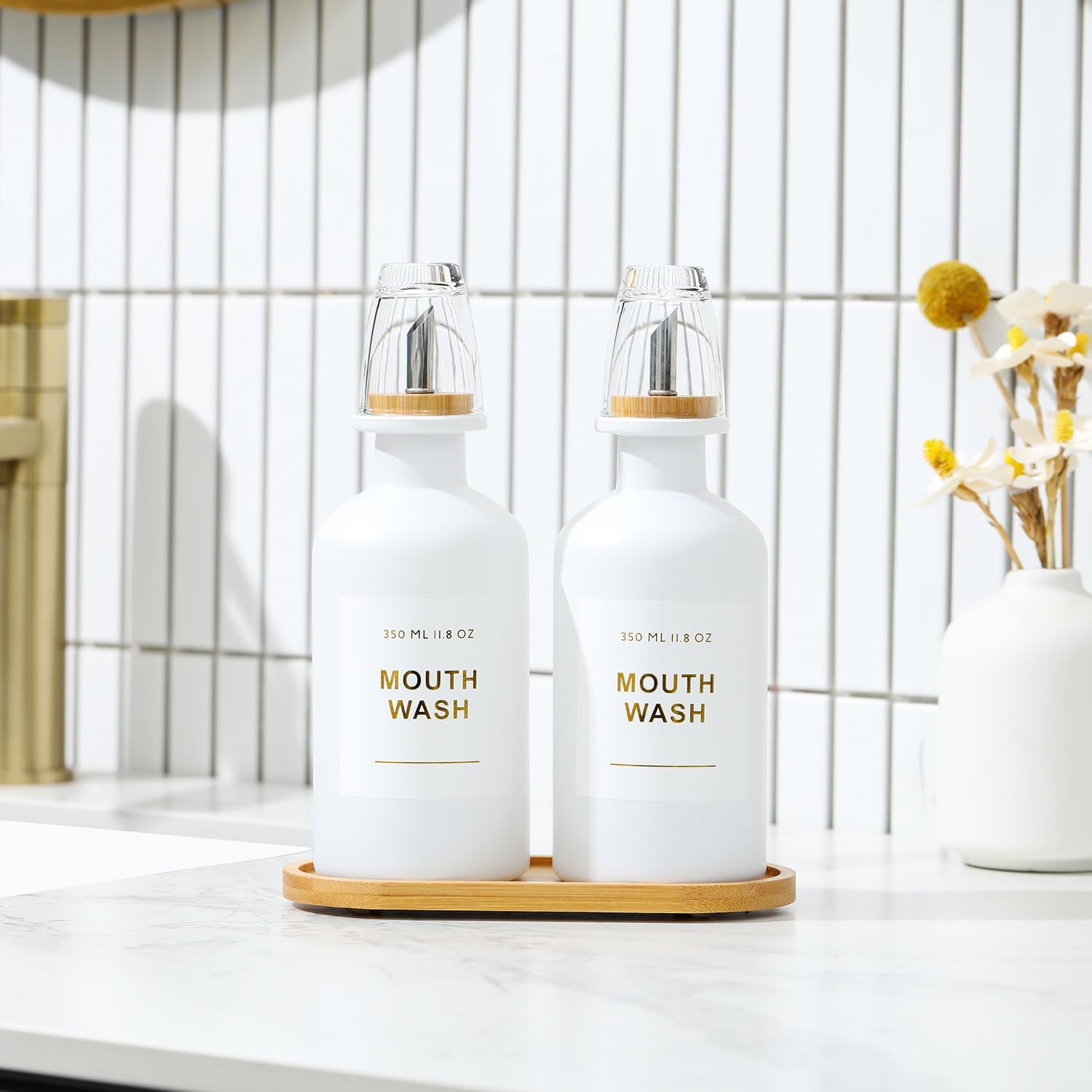 11.8OZ Mouthwash Dispenser for Bathroom with Bamboo & Stainless Steel Pour Spout, Mouthwash Cups Reusable, Bamboo Tray, and Elegant Gold Label. Set of 2（White
