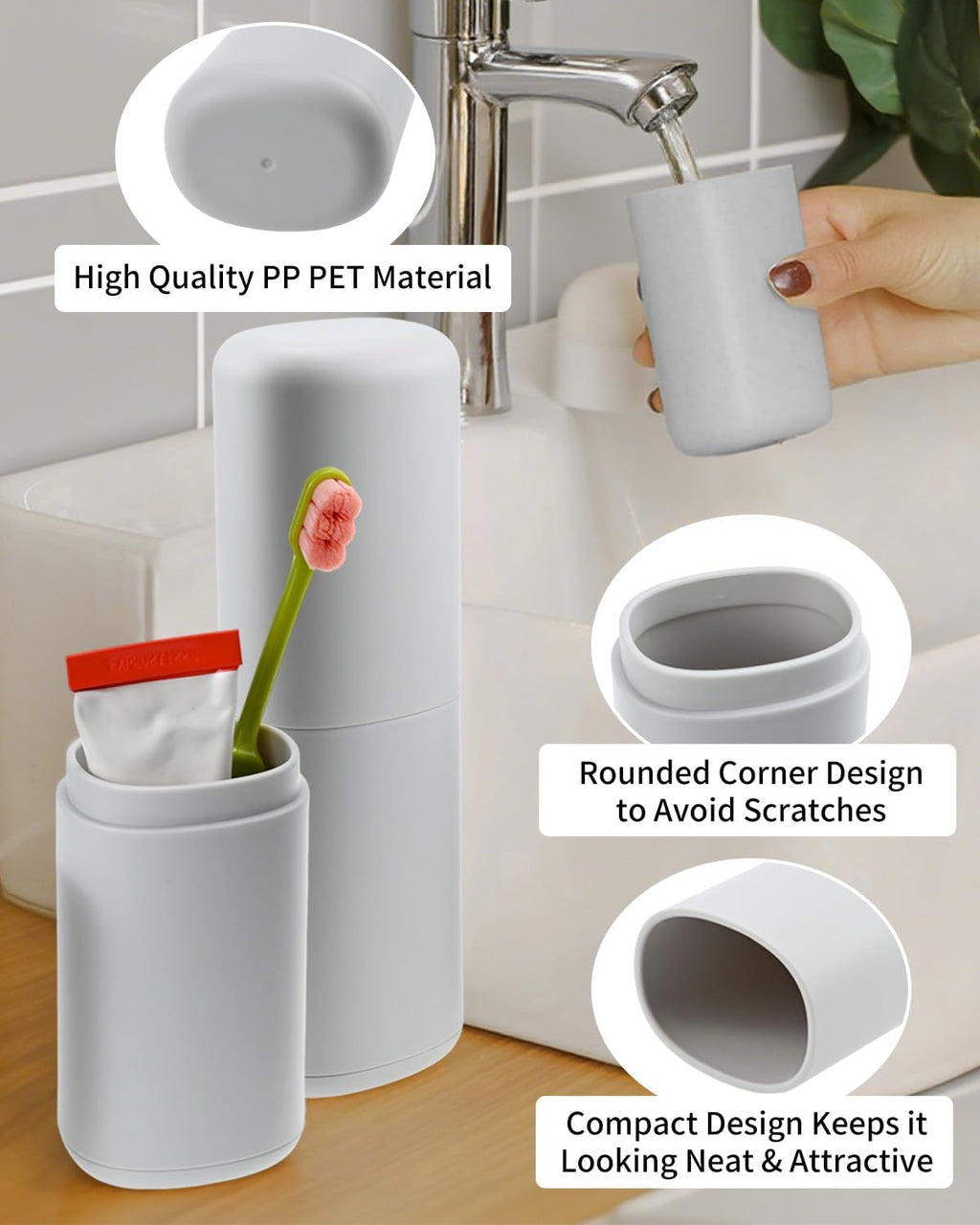 2PCS Travel Toothbrush Case, Portable Tooth Brush Holder and Toothpaste Cover Container with Cup, Large Capacity Dustproof Toothbrush Travel Case for Traveling Camping Home(Gray)