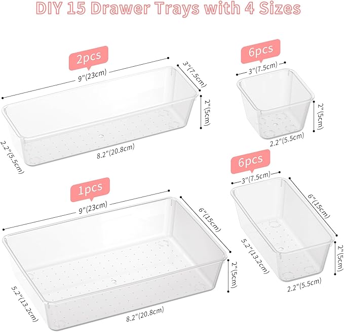 15 PCS Clear Plastic Drawer Organizer Set, 4 Sizes Versatile Bathroom Drawer Organization and Storage Trays, Non-Slip Desk Vanity Storage Bins for Makeup Jewelry Kitchen Utensil Gadget Office
