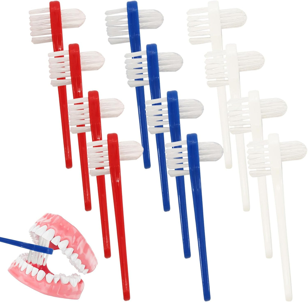 12pcs Denture Brush Dual, Head Portable Firm Hard Bristle Denture Toothbrush,Denture Cleaning Brush Retainer Brush Dental Toothbrush for False Teeth, Clear Braces and Mouth Guards(White,Blue, Red）