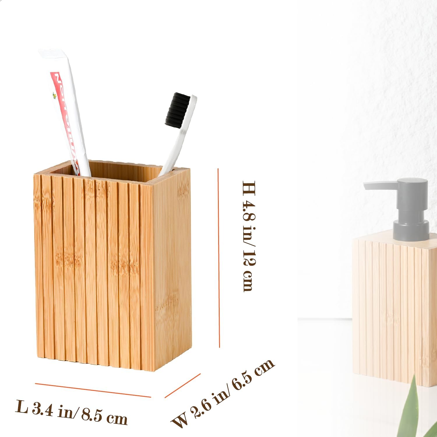 Natural Bamboo Toothbrush Holder, Fluted Square Design for Countertop, Multipurpose Pen Holder or Desktop Organizer, Natural
