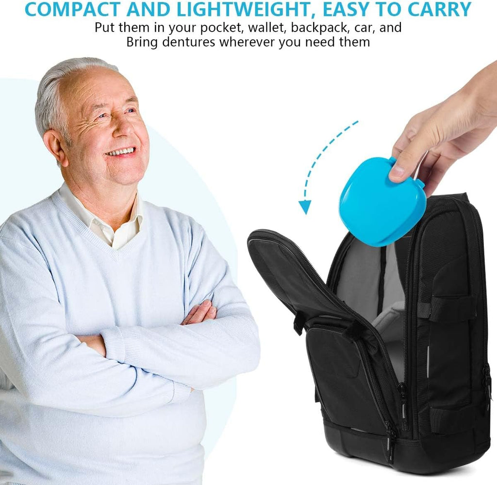 2 Pack Colors Denture Bath Case Cup Box Holder Storage Soak Container with Strainer Basket for Travel Cleaning (White and Light Blue)