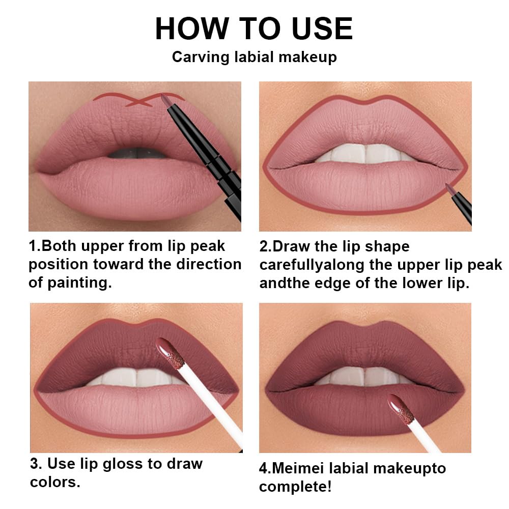 3Pcs 2 in 1 Dark Red Nuetral Mauve Red Brown Matte Lip Liner and Liquid Lipstick Stain Makeup Set for women, Long Lasting Smudge Proof Lip Tint Matte Finish Lip Gloss for All-Day Color Hold Set34