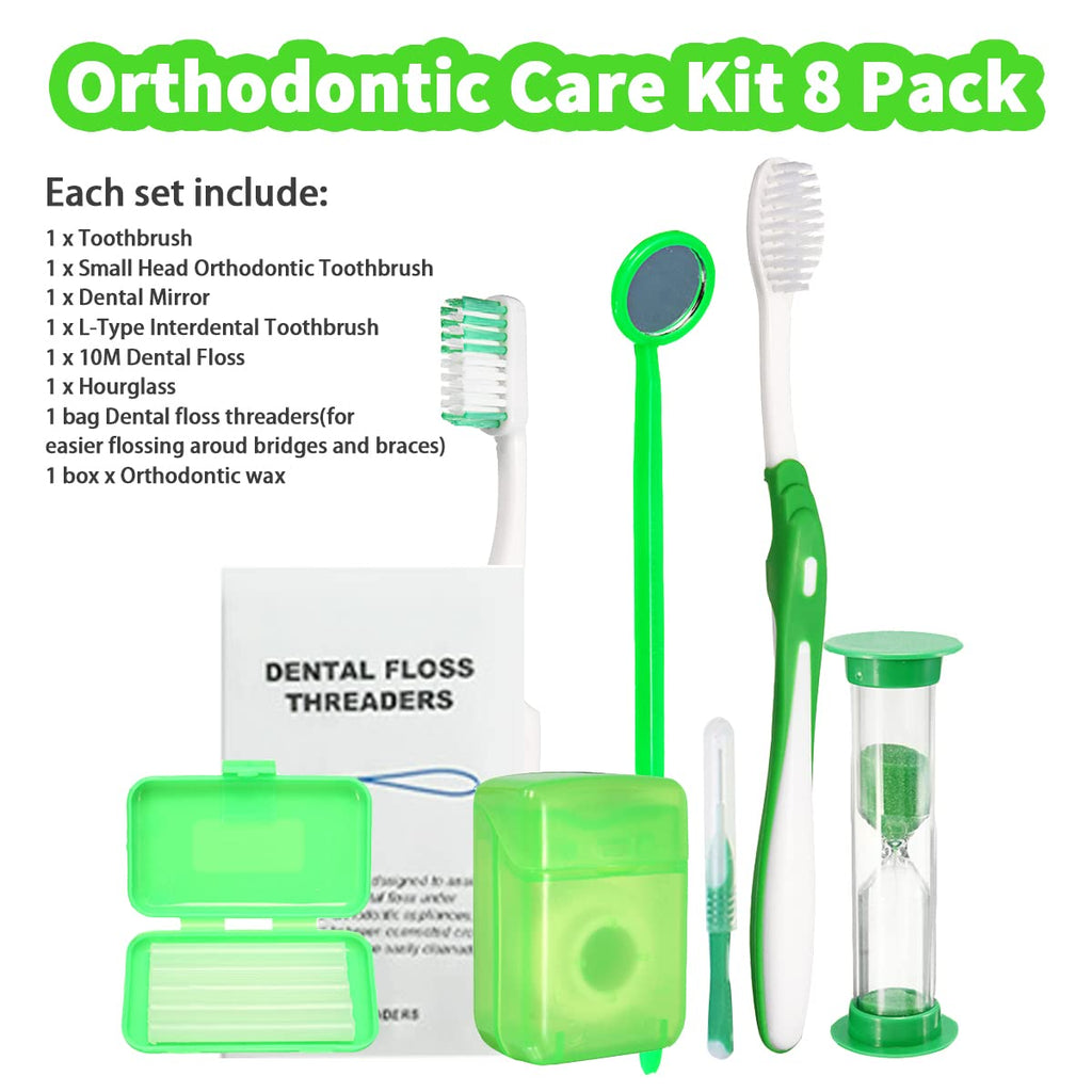 Braces Cleaning Kit for Teeth, Portable Orthodontic Toothbrush Kit Oral Care Dental Travel Kit - Interdental Brush Dental Wax Dental Floss Toothbrush Box (Green)