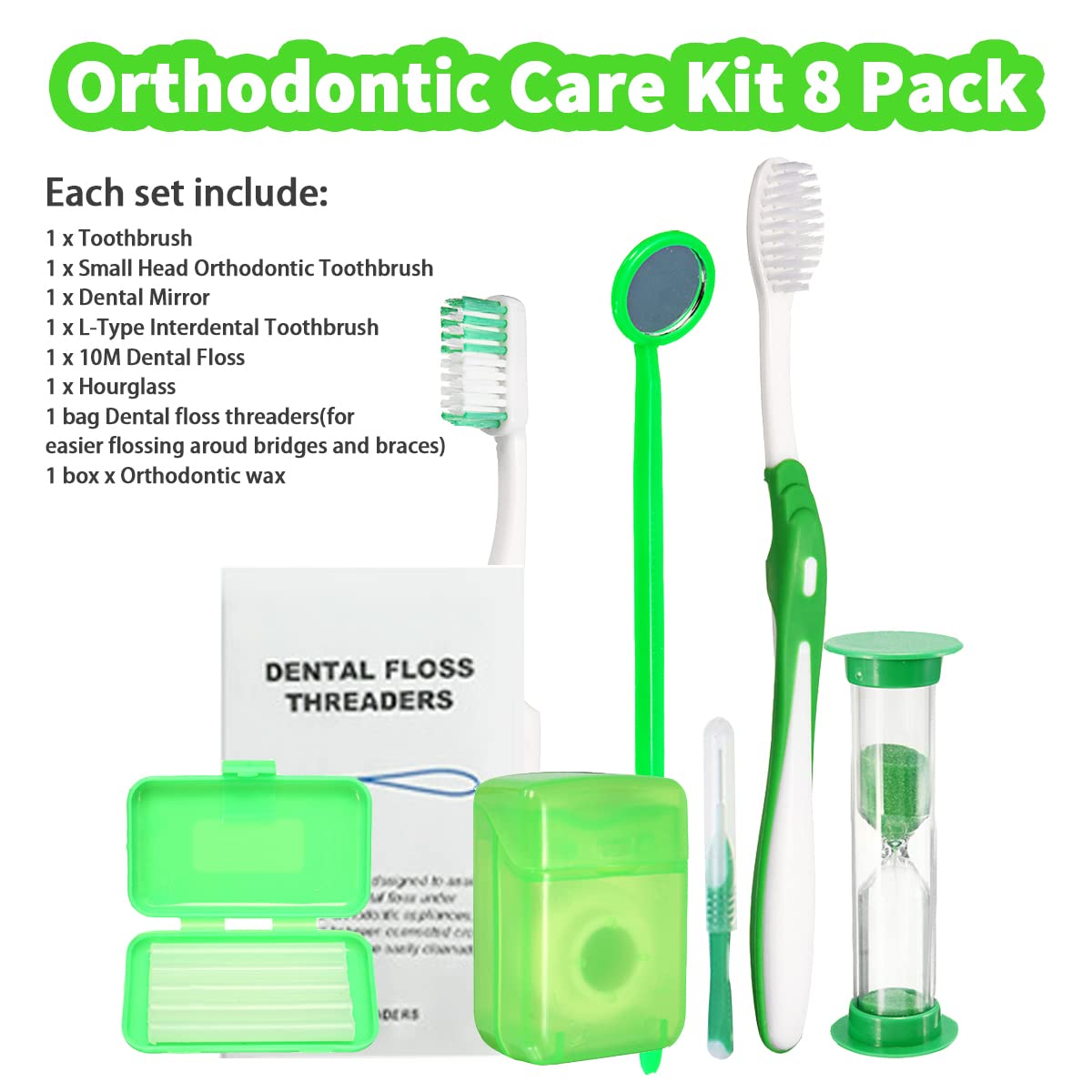 Braces Cleaning Kit for Teeth, Portable Orthodontic Toothbrush Kit Oral Care Dental Travel Kit - Interdental Brush Dental Wax Dental Floss Toothbrush Box (Green B)