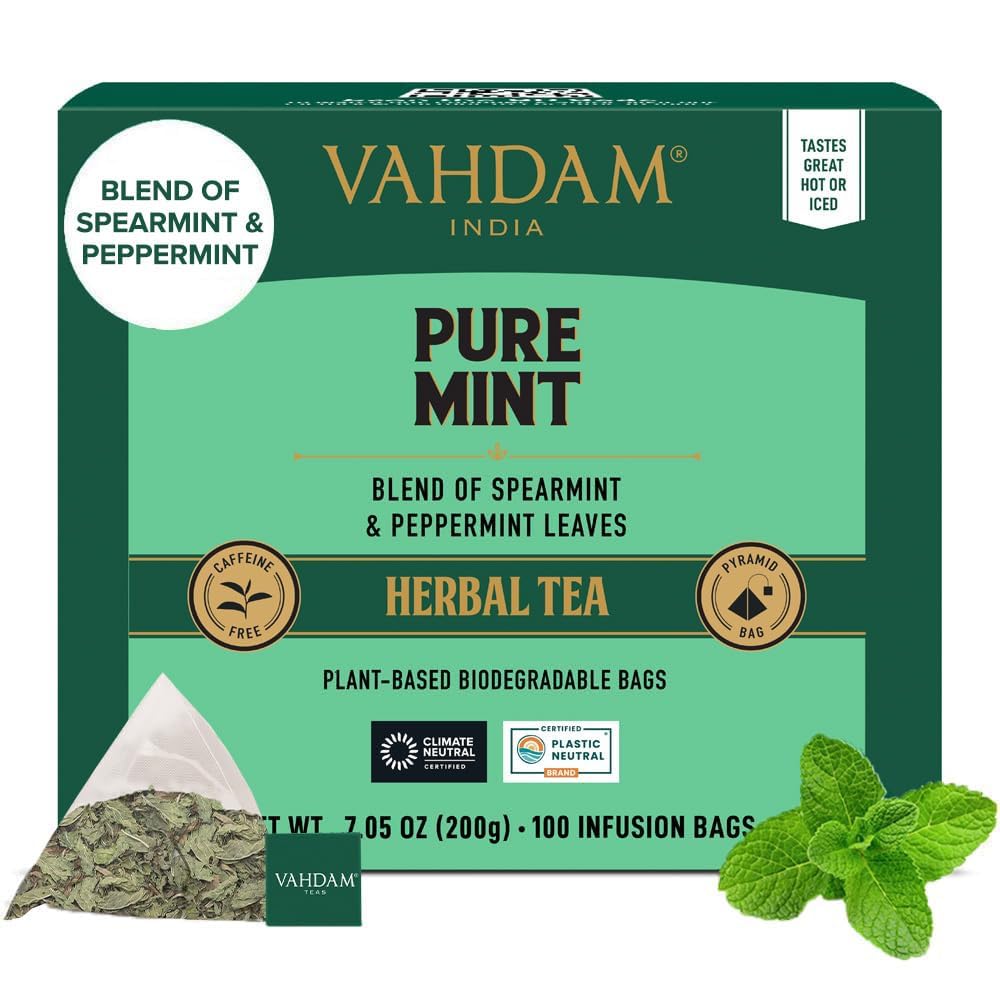 VAHDAM, Pure Mint Herbal Tea (100 Pyramid Tea Bags) Caffeine Free, Non GMO, Gluten Free | Blend of Spearmint & Peppermint - Sweet & Minty | Resealable Ziplock Pouch