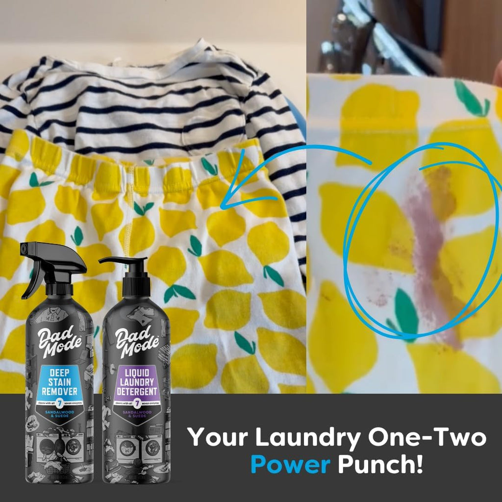 DadMode Laundry Stain Remover | 7-Enzyme Spray for Deep, Aged, Set-In Clothing Stains | Enzyme Booster Cleans Bodily Fluids, Oil, Wine, Turmeric | Sandalwood & Suede | 16oz Metal Bottle + Refill Pouch