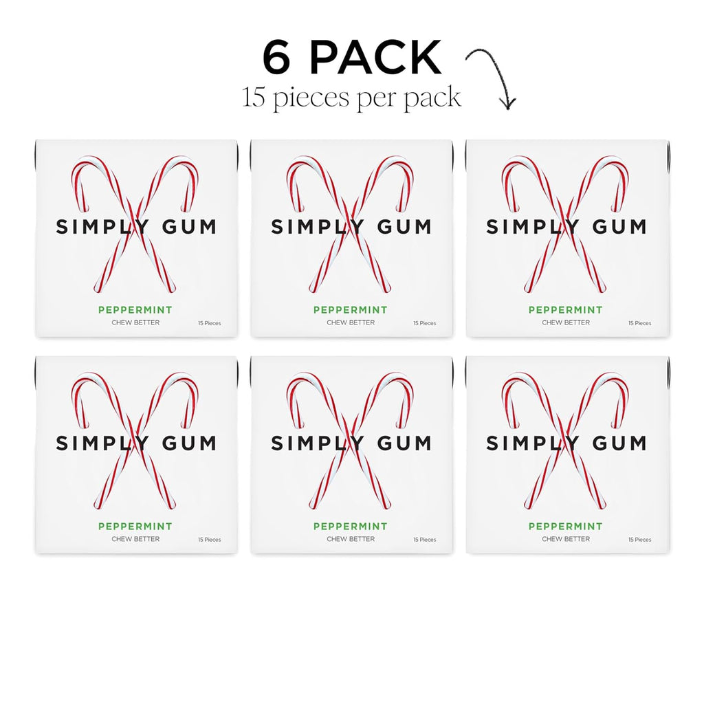 SIMPLY Gum Peppermint, Plastic-Free Natural Chewing Gum, Candy Cane Box 6 Pack (90 Pieces) | Vegan, Kosher, Non GMO, Aspartame Free and Sorbitol Free