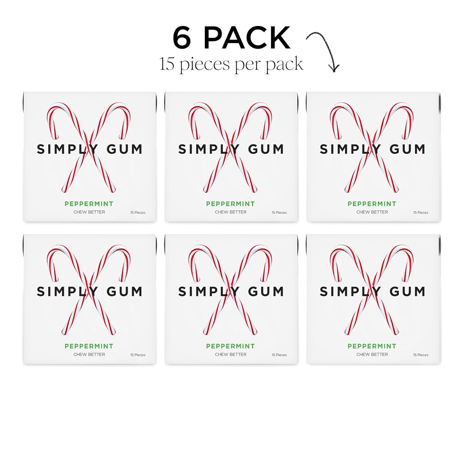 SIMPLY Gum Peppermint, Plastic-Free Natural Chewing Gum, Candy Cane Box 6 Pack (90 Pieces) | Vegan, Kosher, Non GMO, Aspartame Free and Sorbitol Free