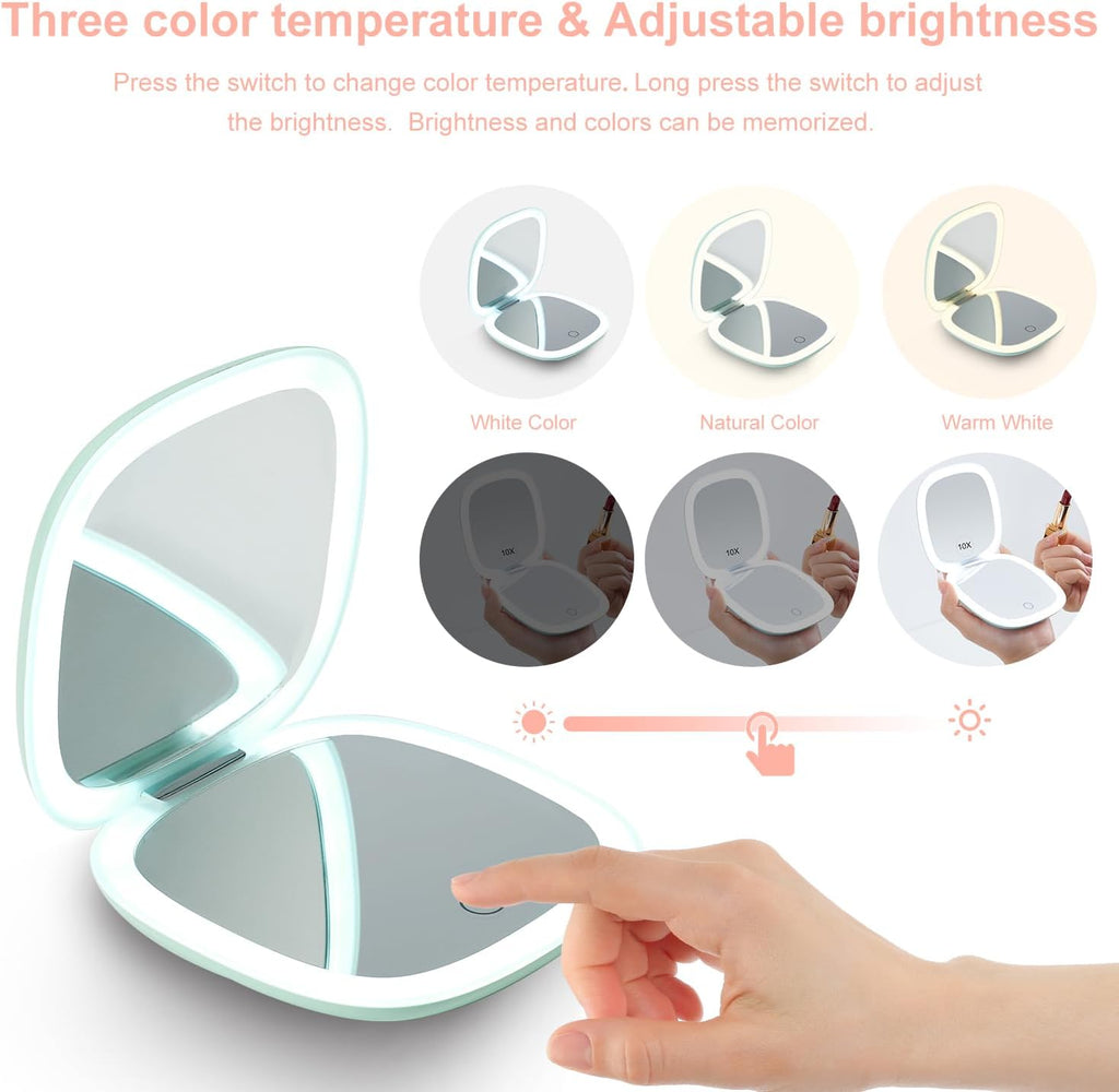 Mocado Compact LED Travel Makeup Mirror - 4 Inches 1X/10X Magnification Travel Mirror with Light Dimmable Double Sides Lighted USB Rechargeable Compact Mirror for Purse,Pocket,Travel(Powdery Green)