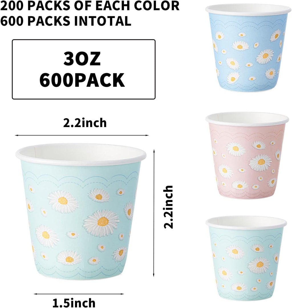Tamone 600 Pack 3 oz Paper Cups, Small Bathroom Cups, Disposable Cups, Mini Paper Cups Daisy Design Pink, Blue, Mouthwash Cups for Party, Picnic, BBQ, Travel, Home and Event
